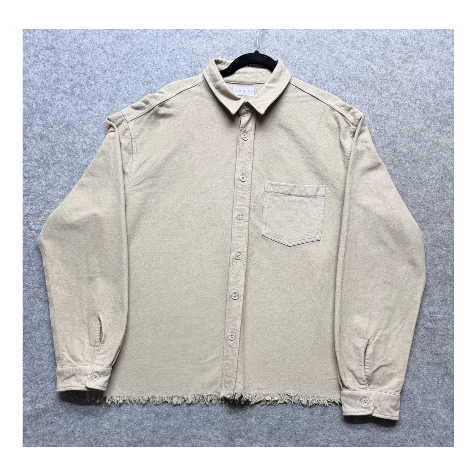 John Elliott Hemi Oversized Shirt Khaki Tan Beige Frayed Hem Mens Size 3 L